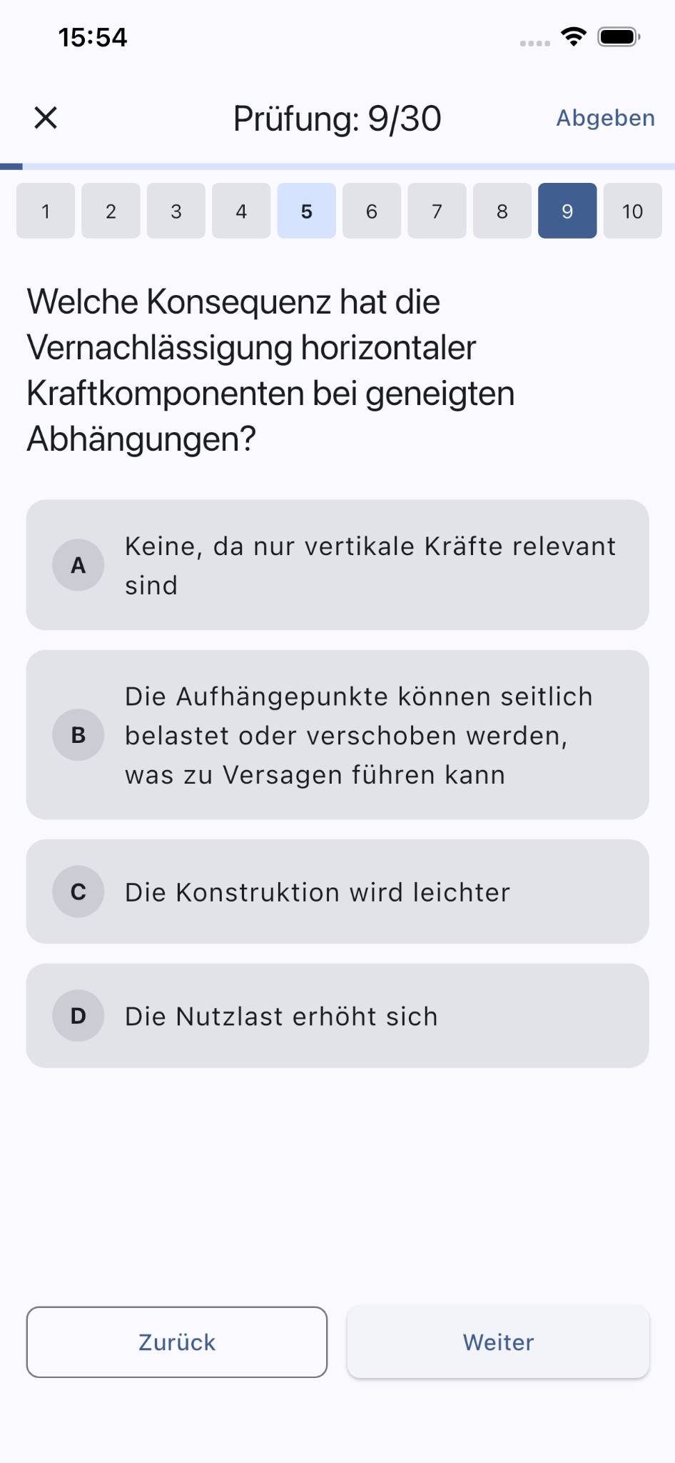 Prüfungsmodus mit Multiple-Choice-Fragen in VT Coach
