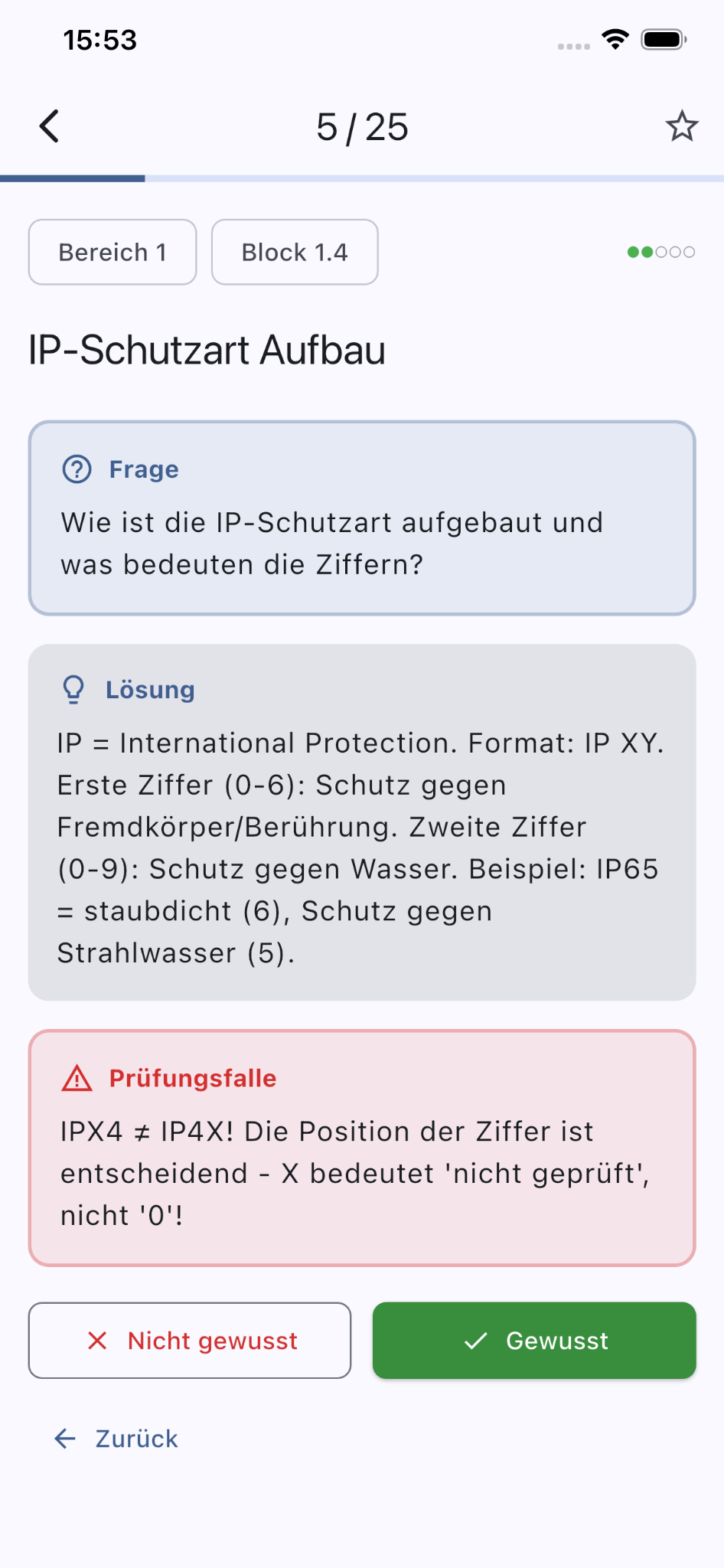 Lernkarte mit Frage, Lösung und Prüfungsfalle in VT Coach
